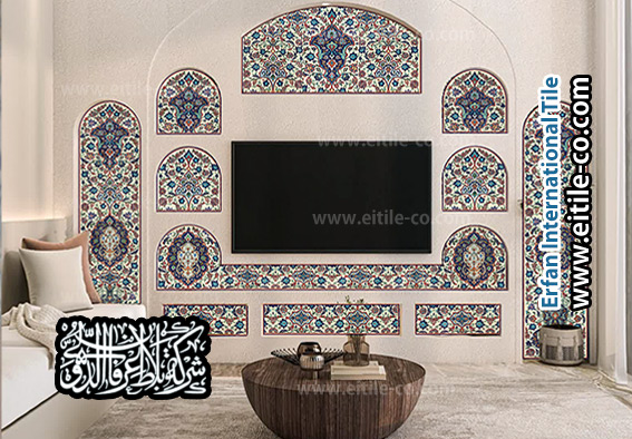بلاط يدوي الصنع بتصاميم فنية مخصصة لتزيين جدار غرفة التلفزيون وإضفاء لمسة من الفخامة والأصالة — www.eitile-co.com