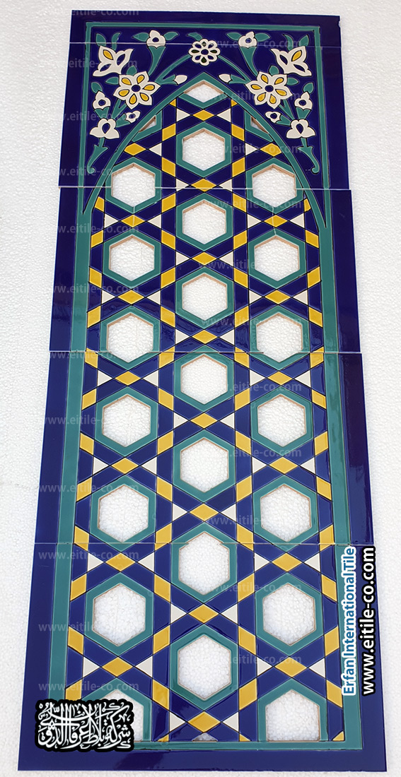 تصميم معماري متكامل لألواح التهوية الخزفية المزينة بالزخارف الهندسية والنباتية الإسلامية التقليدية باستخدام تقنية الألوان السبعة. www.eitile-co.com